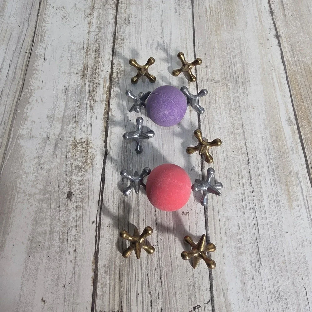 Vintage Style Metal Jacks Game 10 Gold Silver Jacks 2 Rubber Balls Pink Purple